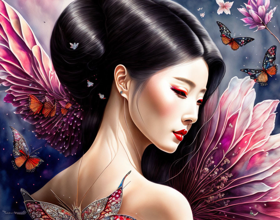 Illustrated portrait of woman with dark hair, red makeup, pink flowers, colorful butterflies