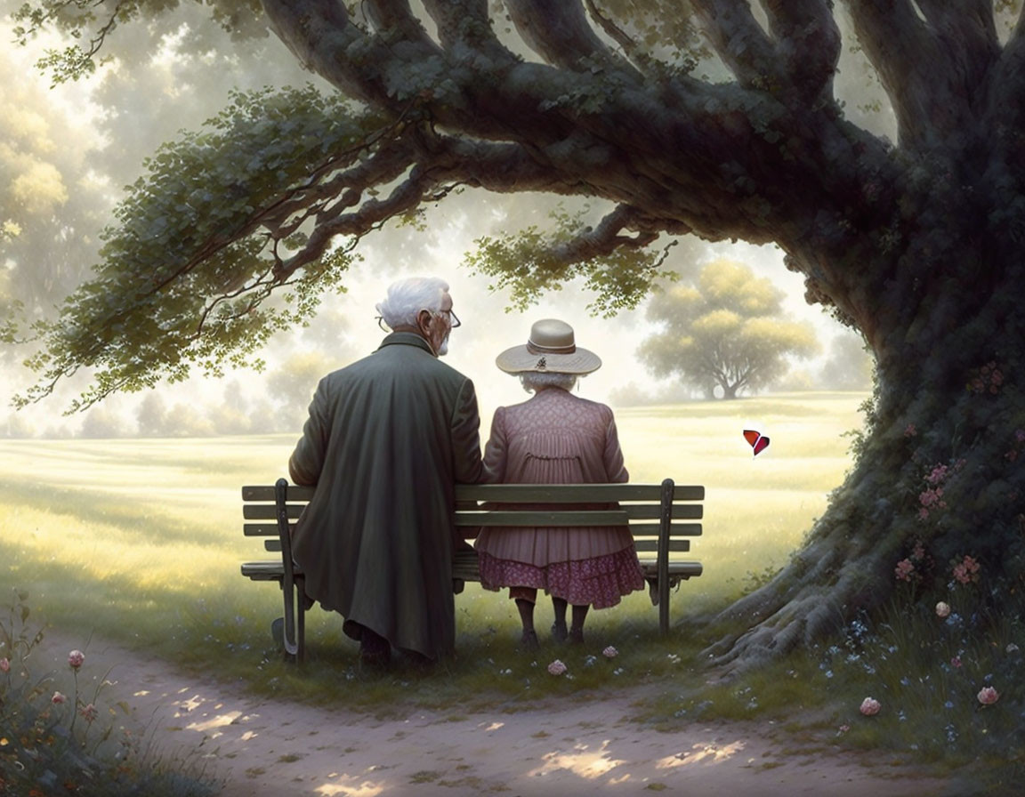 Elderly couple on bench under tree watching kite in tranquil meadow