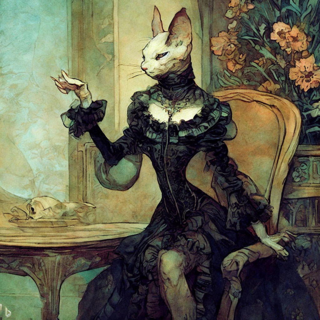 Anthropomorphic cat in Victorian dress with raised paw next to a table with a skull