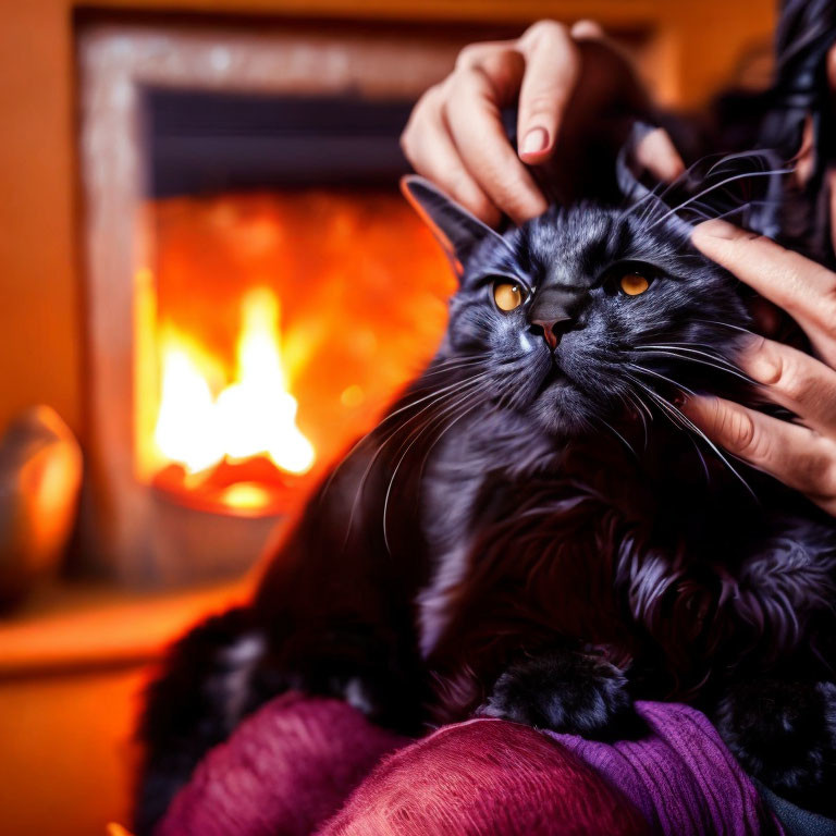 Black Cat with Yellow Eyes Being Petted by Person by Warm Fireplace