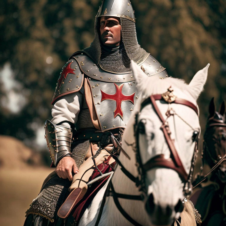 Knight in shining armor with red cross on chestplate riding horse symbolizing chivalry