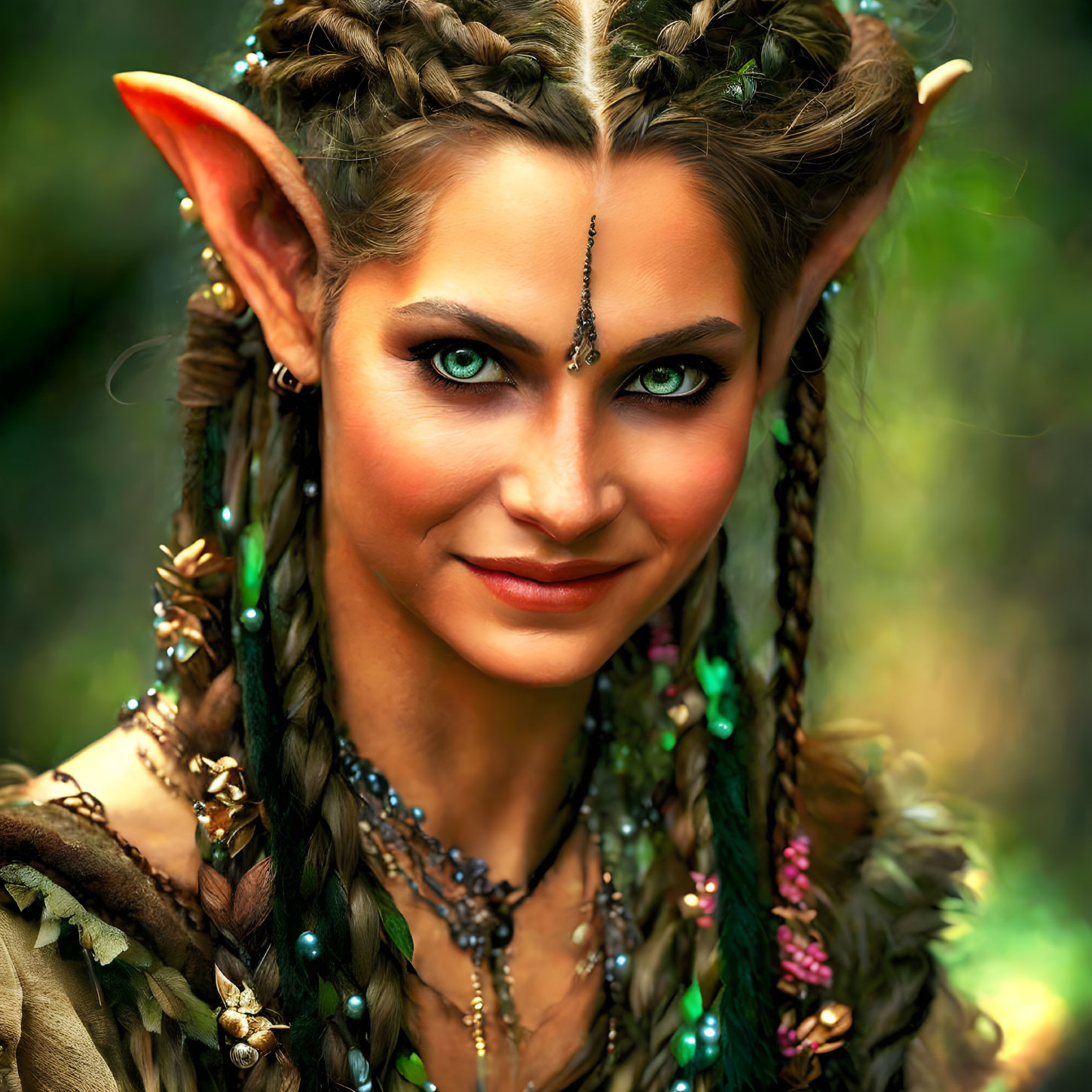 Fantasy elf character with pointed ears and green eyes in forest setting