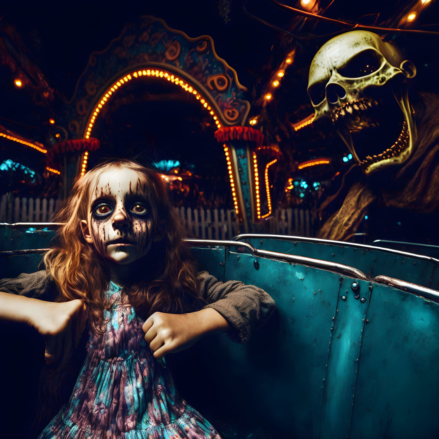 Child with skull makeup on amusement park ride at night