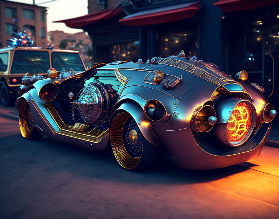 Steampunk-style futuristic car parked on city street at dusk