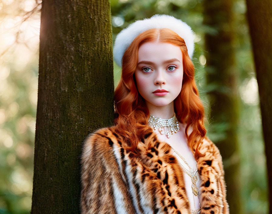 Red-haired woman in fur coat and headband standing in wooded area