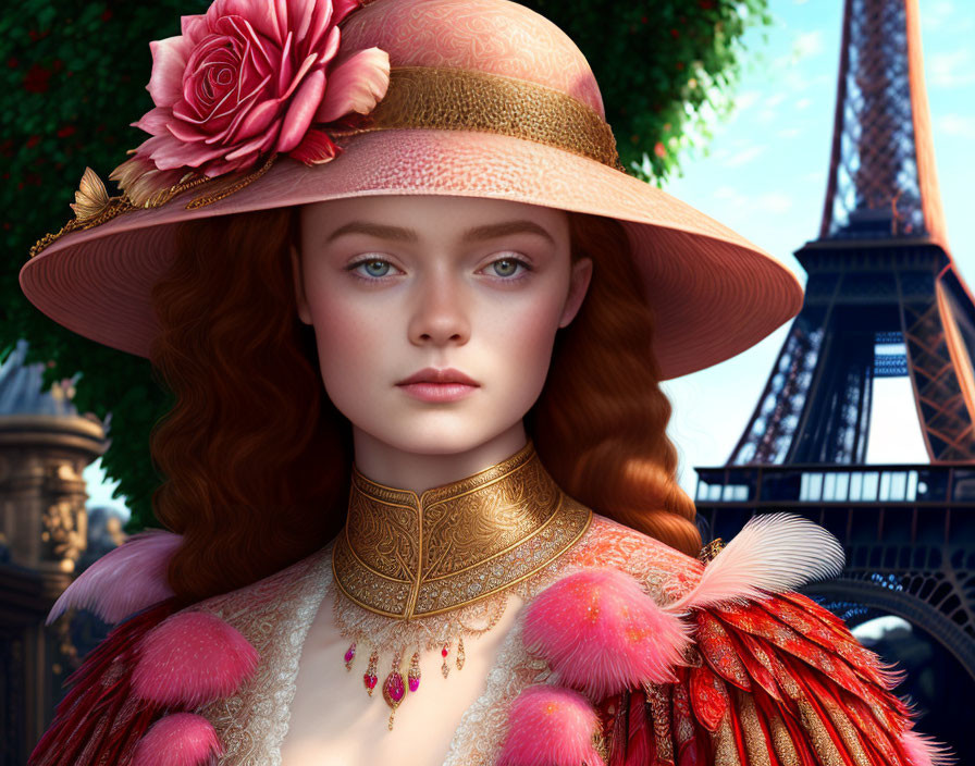 Red-haired woman in large hat with rose, ornate collar, feathers, Eiffel Tower backdrop