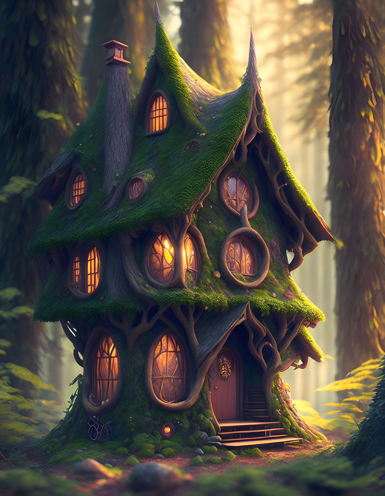 Fantasy treehouse in forest with glowing windows