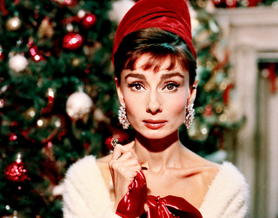 Woman in red hat and dress with fur collar near Christmas tree