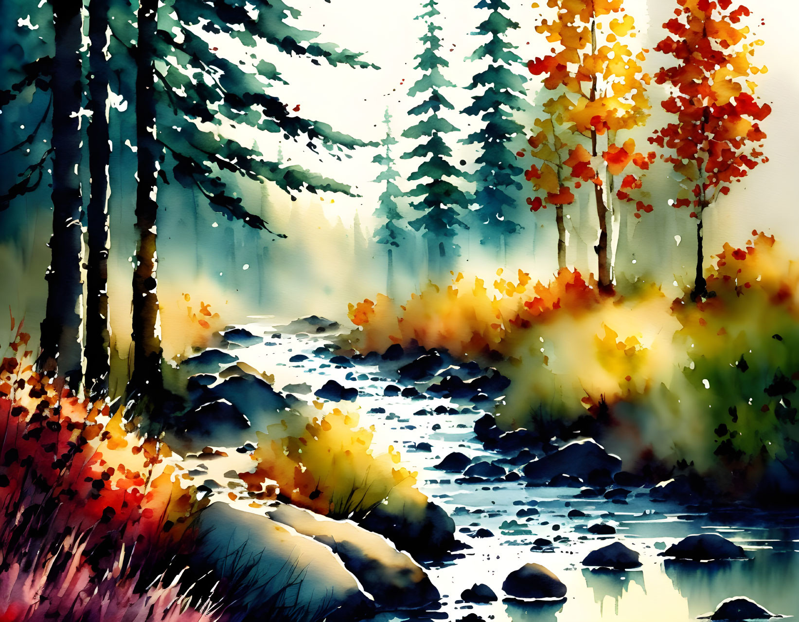 Serene forest scene with babbling creek and autumn foliage