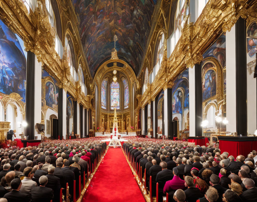 Ornate Church Interior with Red Chairs and Golden Embellishments