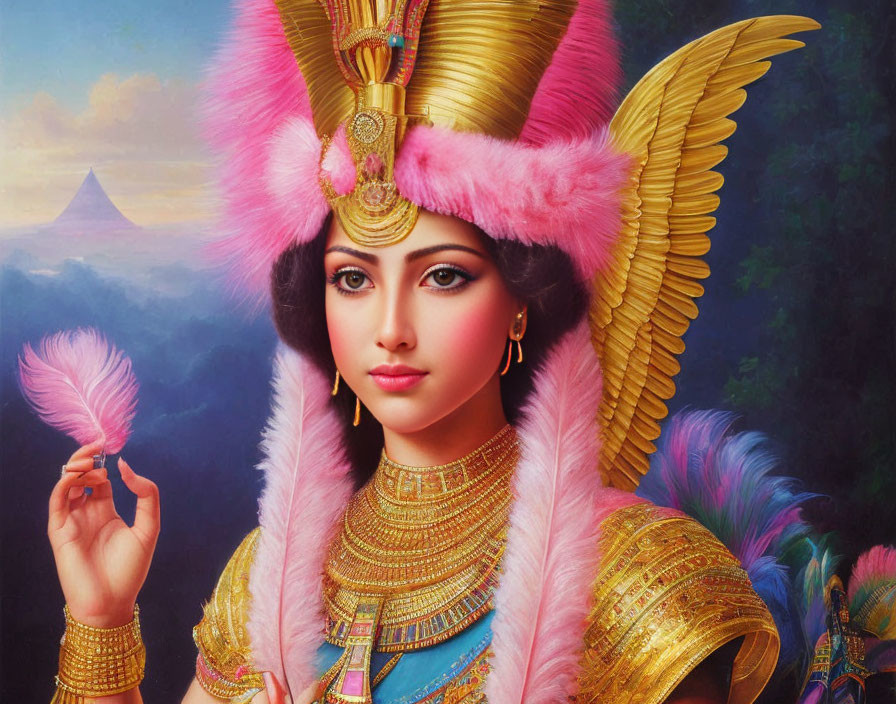 Woman with Golden Headdress and Pink Feathers Holding a Feather, Pyramid Background