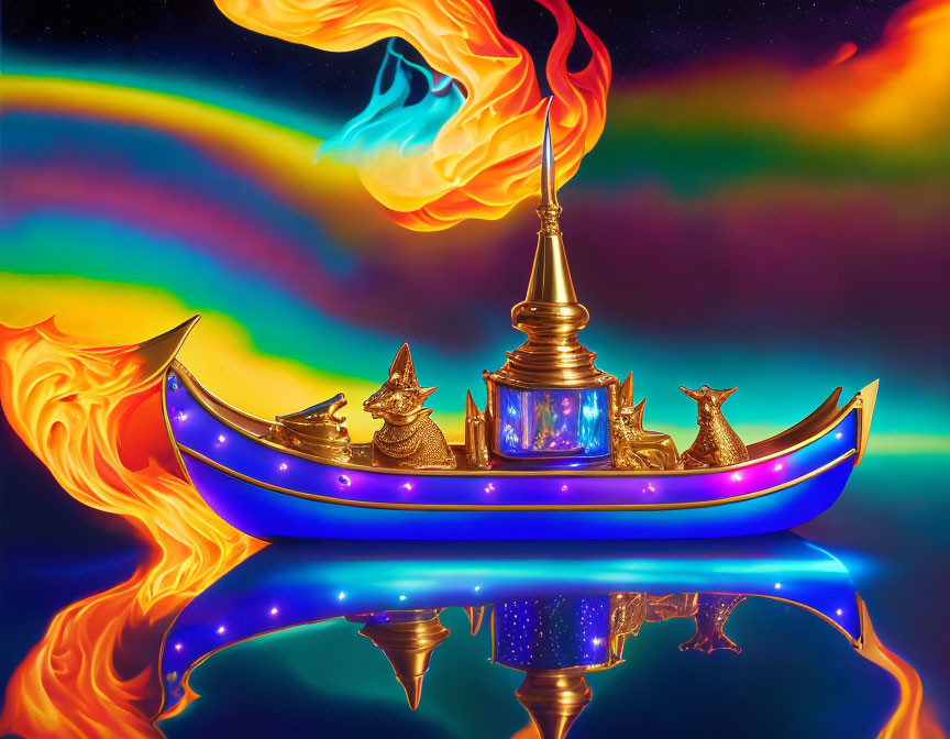 Colorful Boat-Shaped Magical Lamp with Fiery Elements