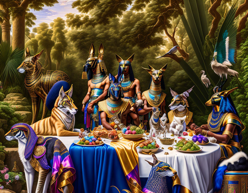 Egyptian gods with animal heads in regal attire at banquet table in lush jungle setting