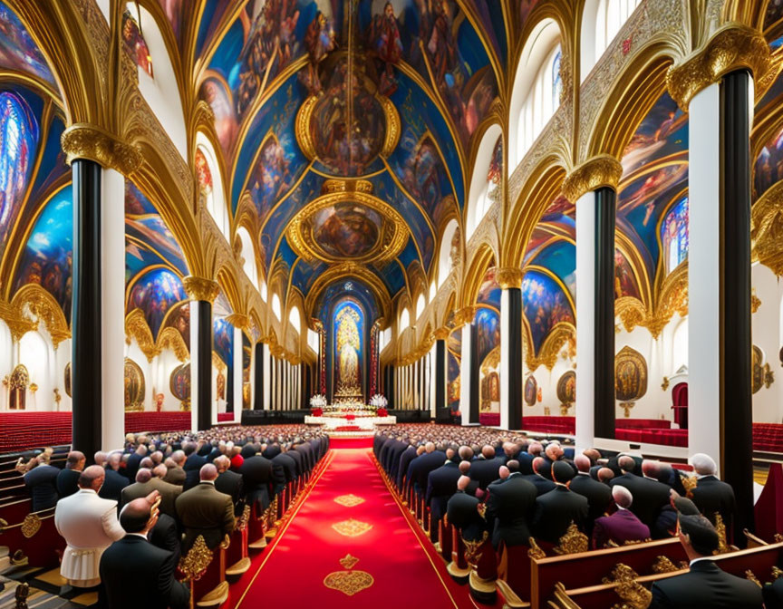 Luxurious cathedral interior with red carpet aisle, golden columns, and vibrant ceiling frescoes.