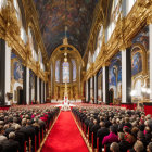 Luxurious cathedral interior with red carpet aisle, golden columns, and vibrant ceiling frescoes.