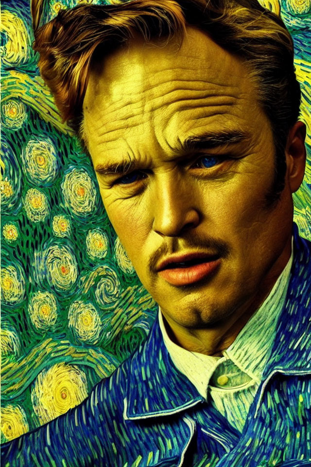 Blonde Man Portrait with Starry Night Motif