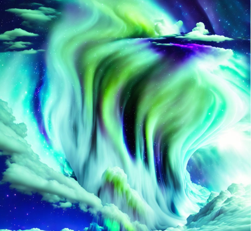 Vibrant Celestial Display of Green and Purple Lights