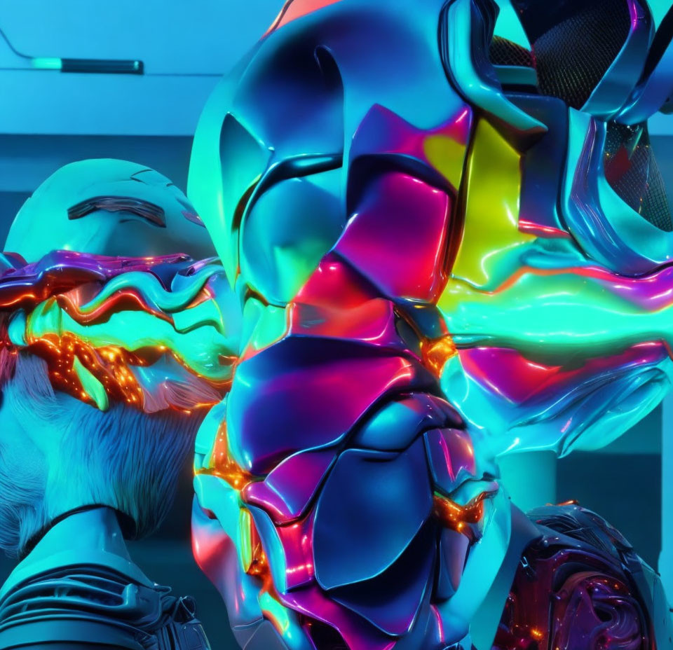 Vibrant iridescent sculpture with swirling shapes and neon colors