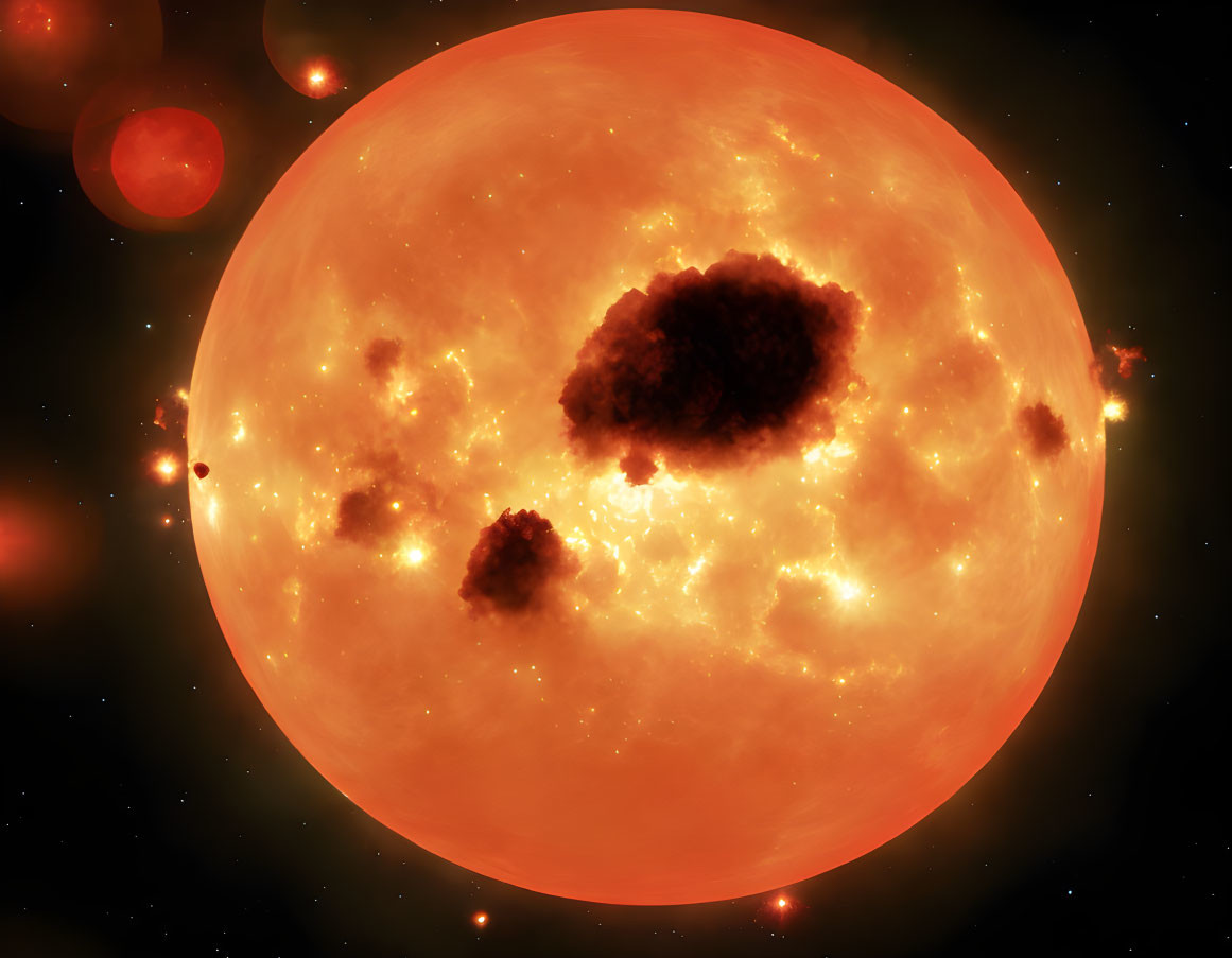 Bright Red Celestial Body with Dark Spots and Lights