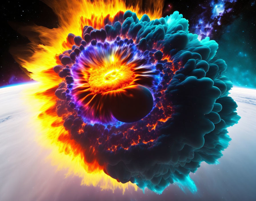 Fiery cosmic explosion in yellow and blue hues against space