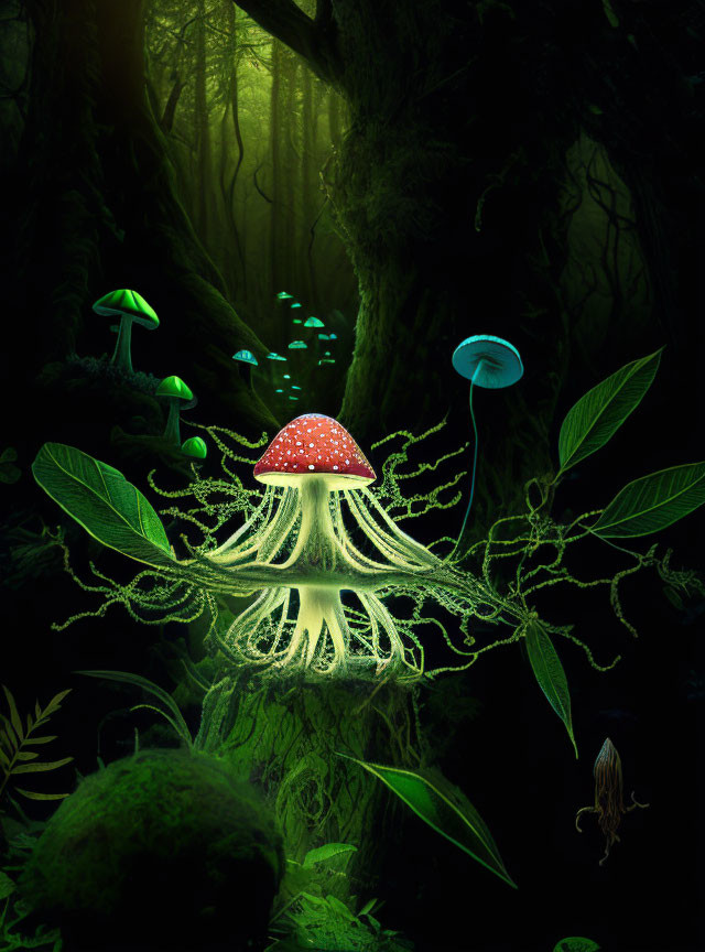 Enchanting forest scene with glowing mushrooms and red-capped centerpiece