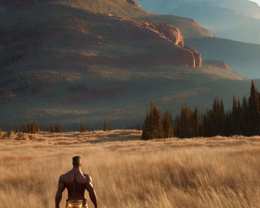 Muscular figure in golden briefs in golden field with misty red cliffs under clear sky