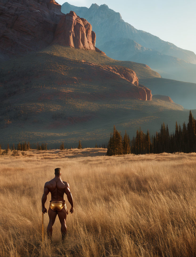 Muscular figure in golden briefs in golden field with misty red cliffs under clear sky