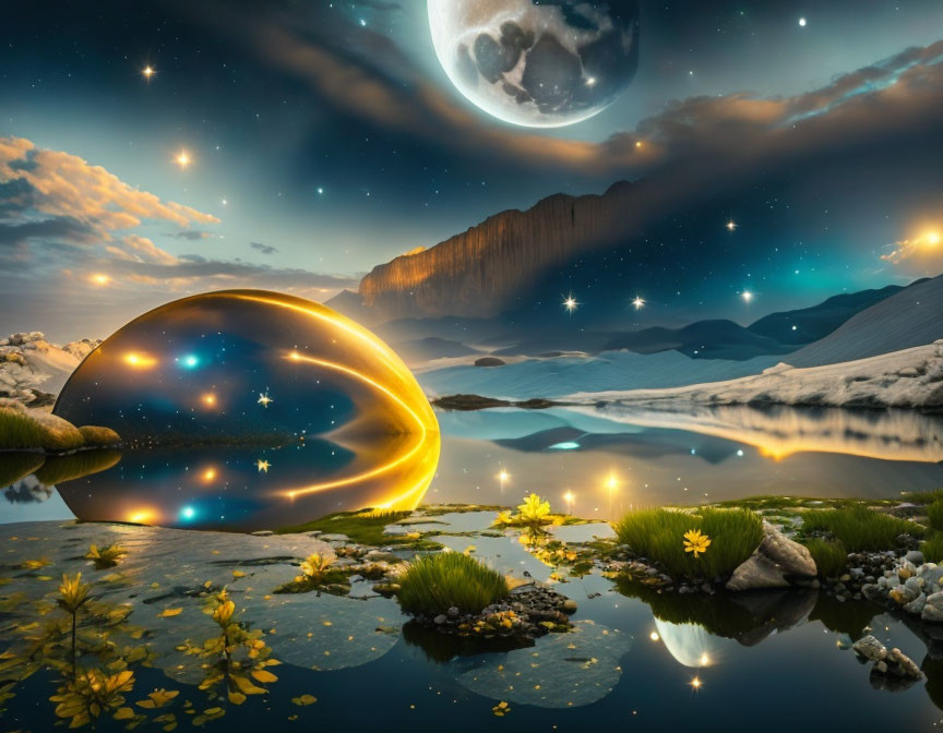 Surreal landscape with reflective orb, starry sky, lake, lilies, mountains, oversized