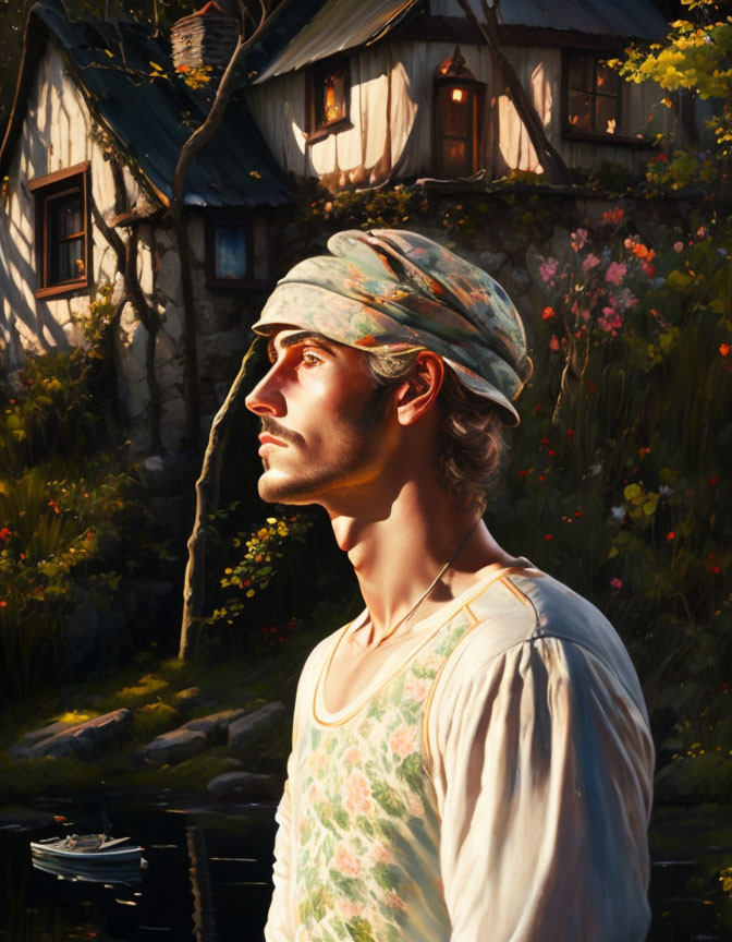 Man in floral garment and headwrap by cottage in lush greenery