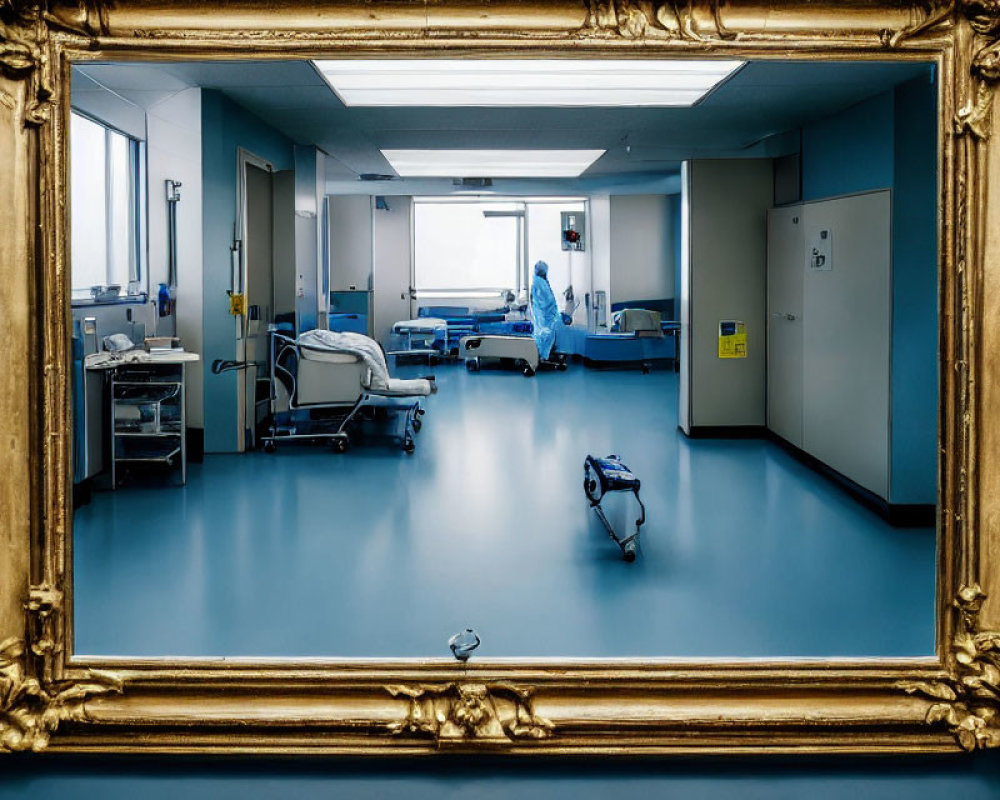 Hospital Room with Beds, Medical Equipment, and Healthcare Worker in Blue