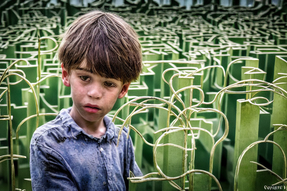 Young boy in front of green maze-like backdrop, looking thoughtful.