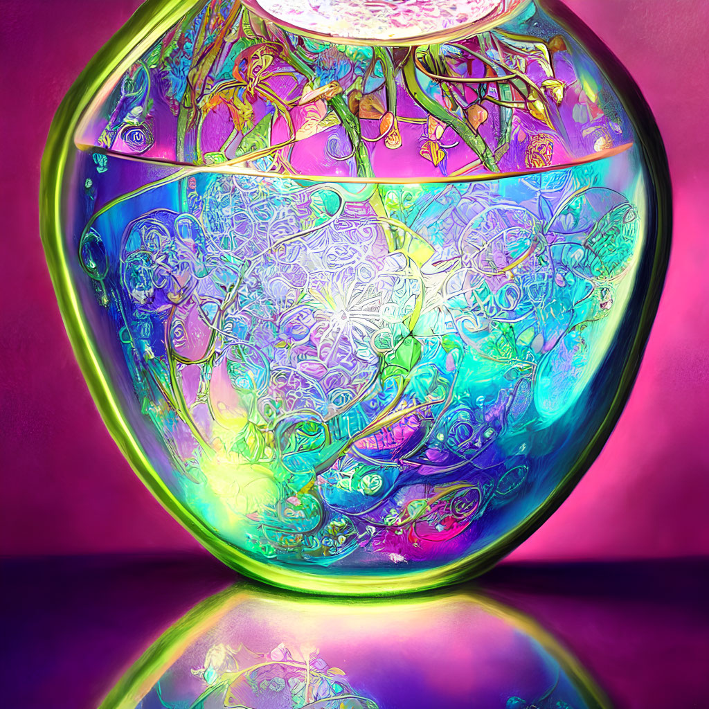 Colorful Glass Vase with Intricate Patterns Illuminated in Pink and Purple Lighting