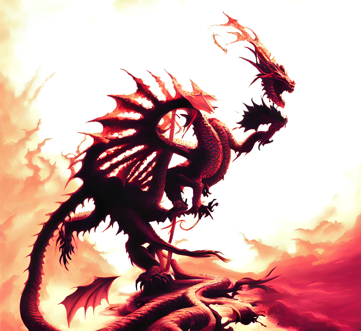 Majestic red dragon roaring in swirling red and orange backdrop