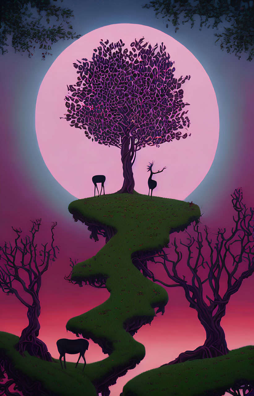 Surreal landscape with purple trees, deer, pink moon, and floating island