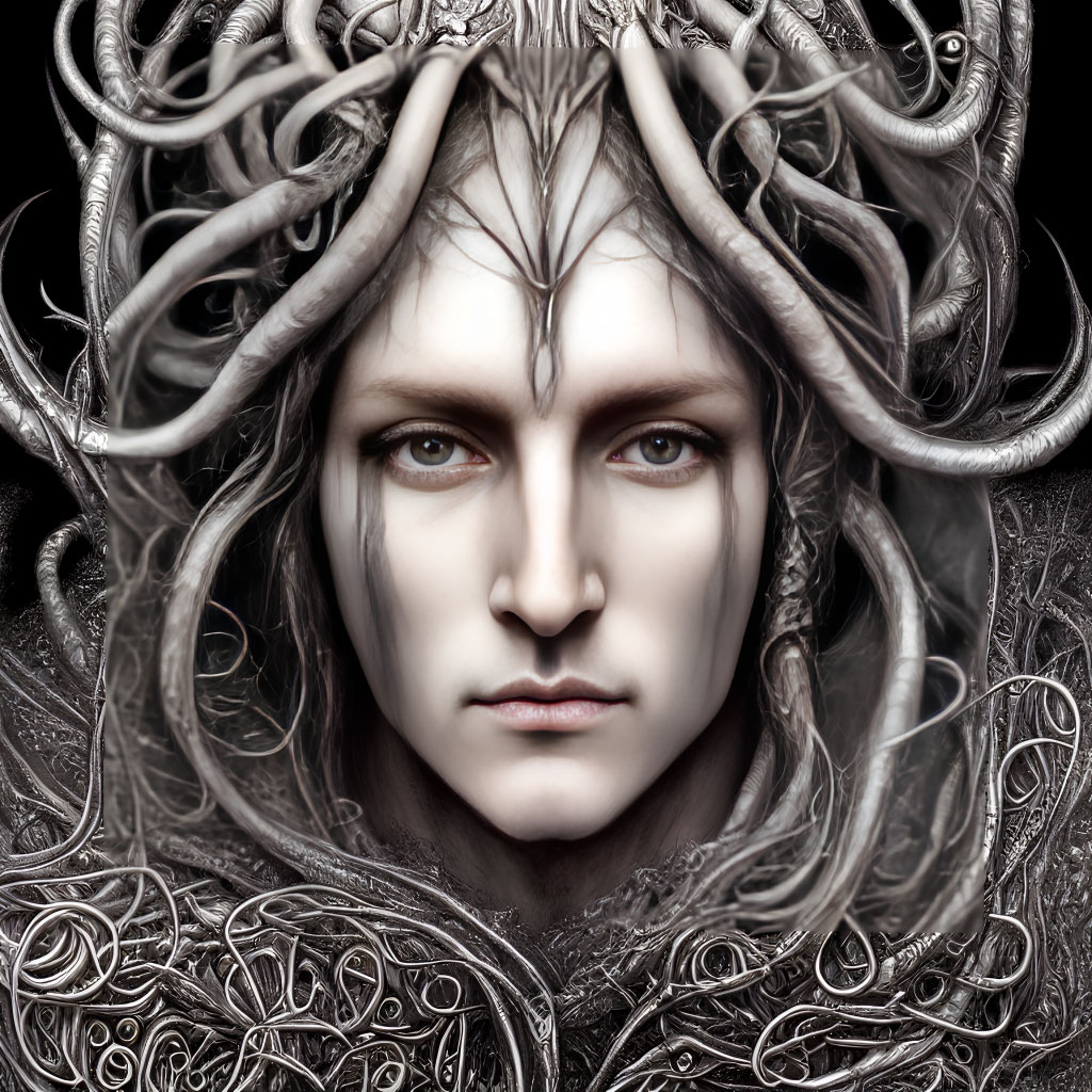 Detailed artwork: pale-skinned figure with intense blue eyes and silver antler-like crown