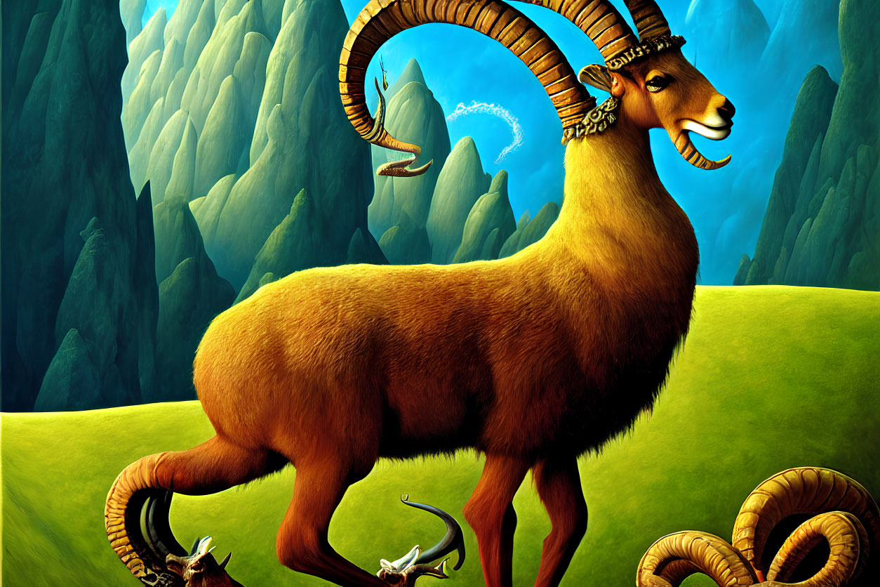 Stylized illustration of large golden ram with spiraling horns on grassy field against green mountains