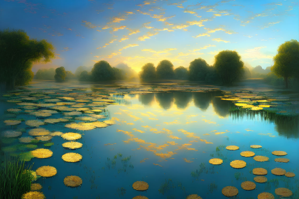 Tranquil landscape: pond, blue sky, golden clouds, lush trees, lily pads