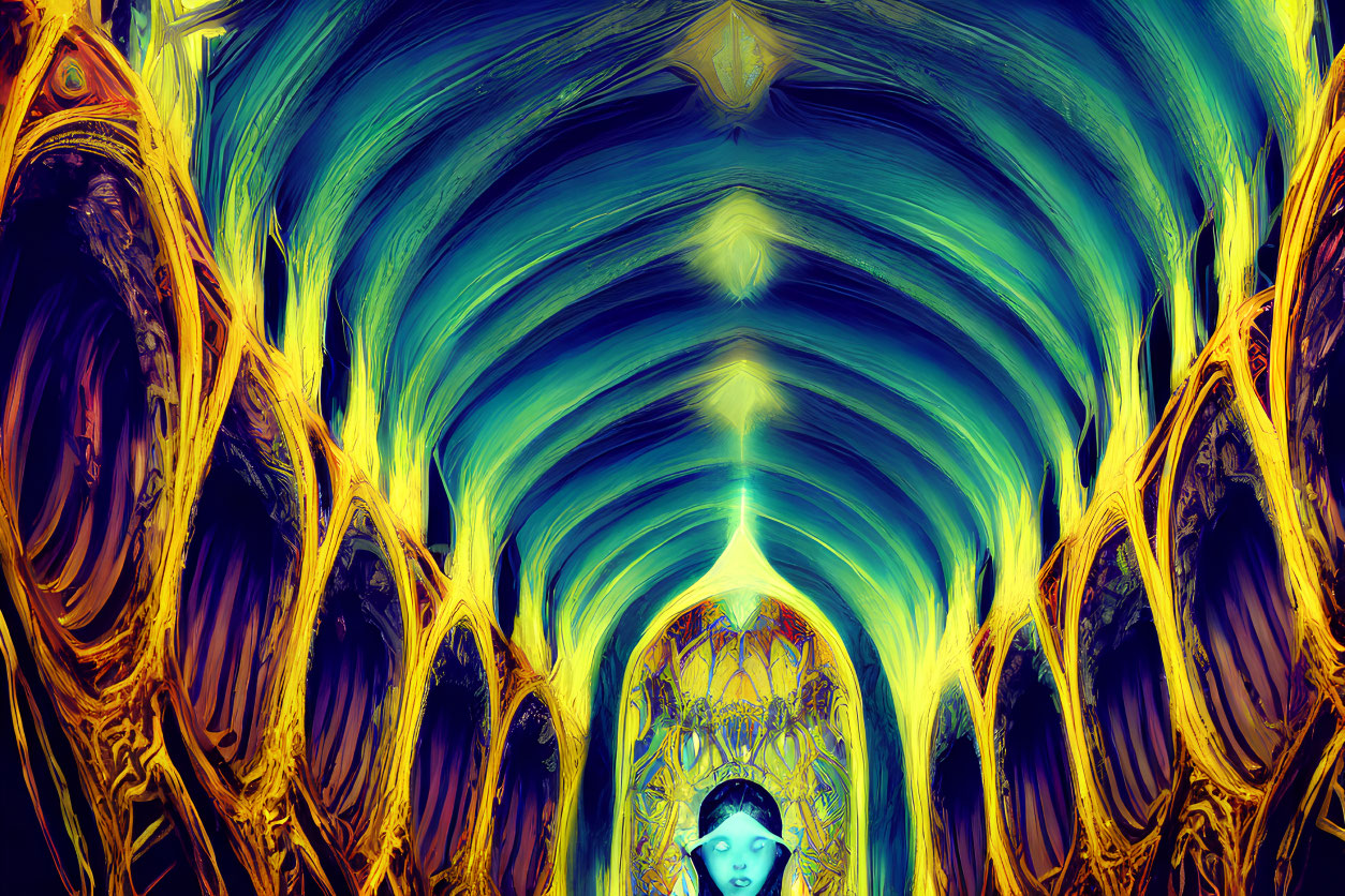 Abstract digital artwork: Blue and gold tunnel structure with ornate patterns and humanoid face