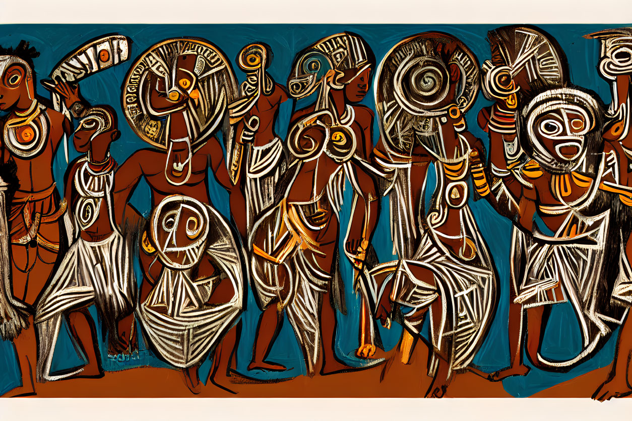 Vibrant tribal dance scene with colorful figures and masks on brown background