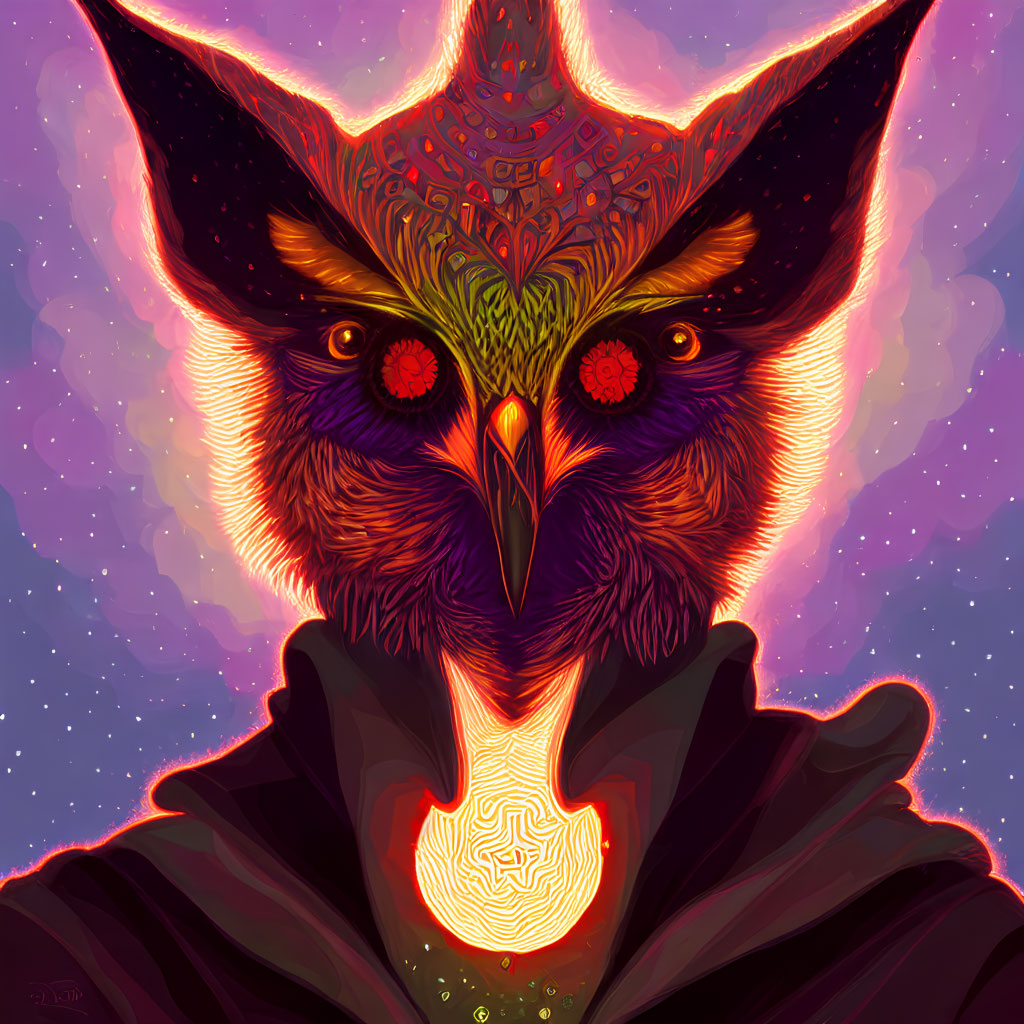 Vibrant mystical owl with red eyes in cosmic setting