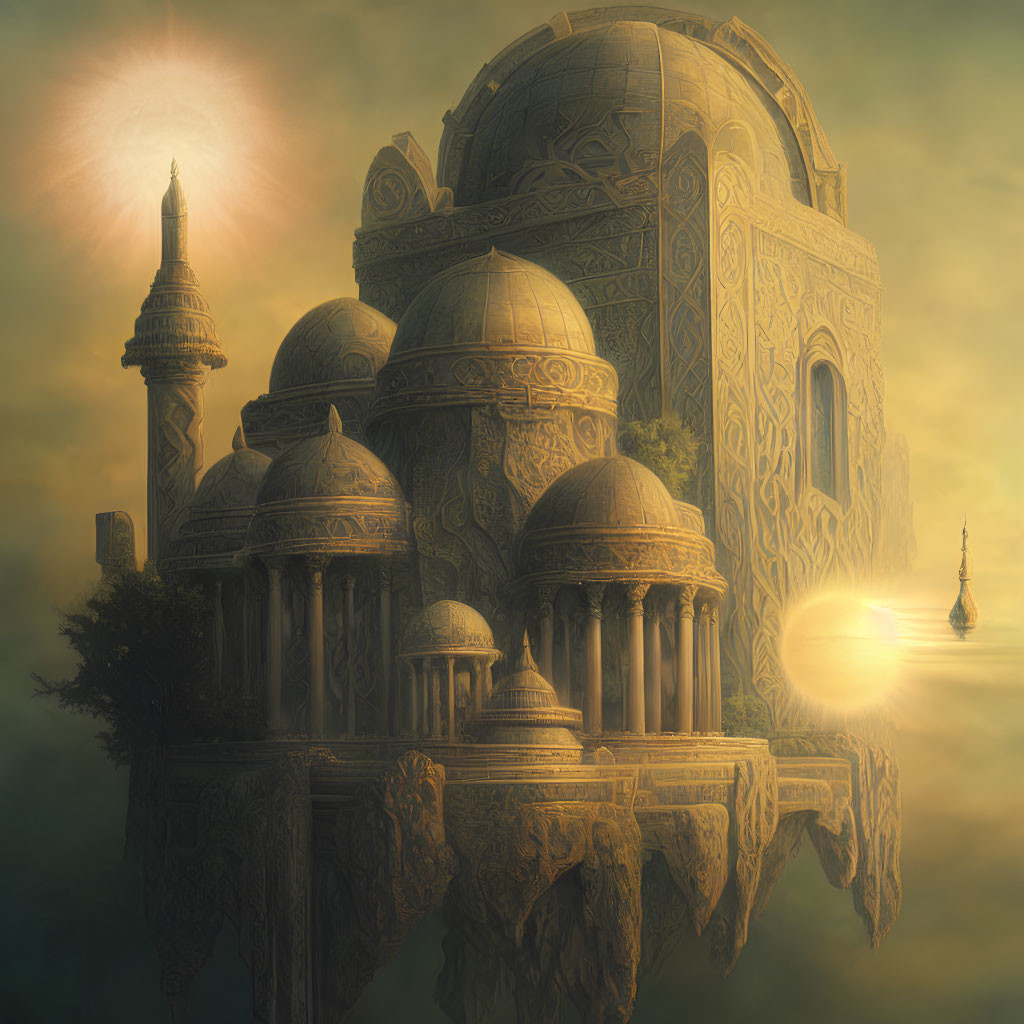 Ornate floating palace with domes and spires in hazy sunlit sky