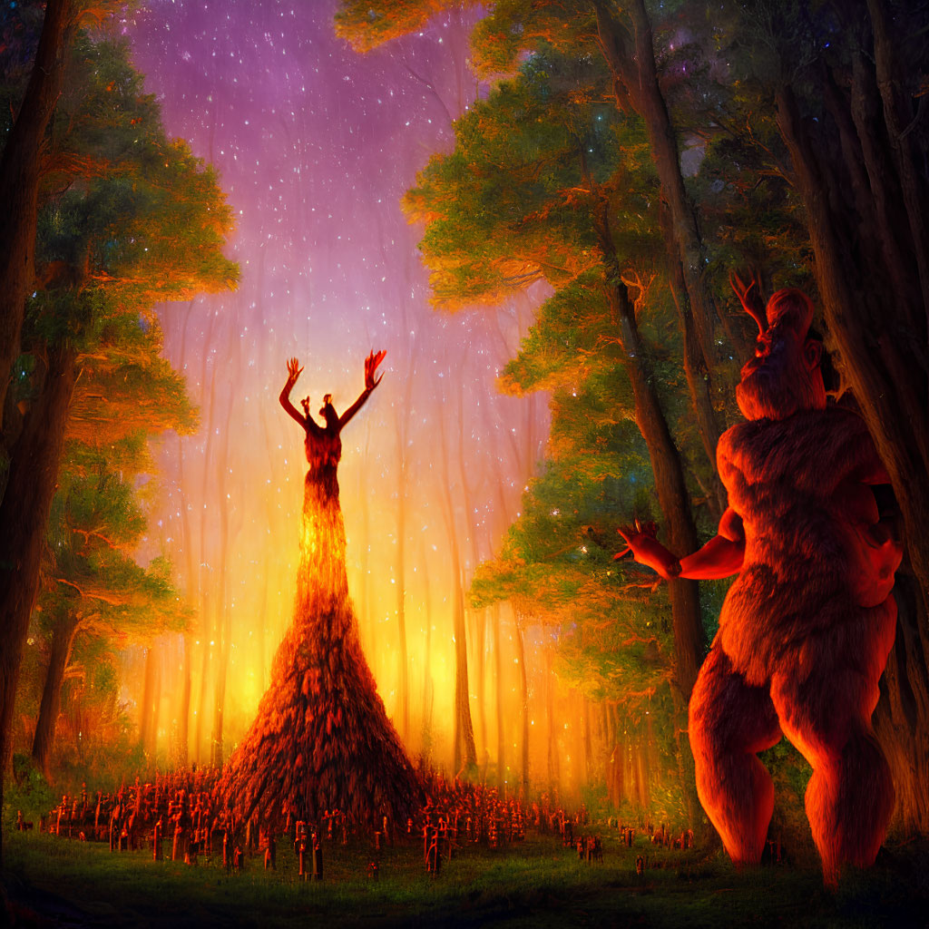 Enchanting forest scene with central figure, bonfire, tiny beings, starry sky, and