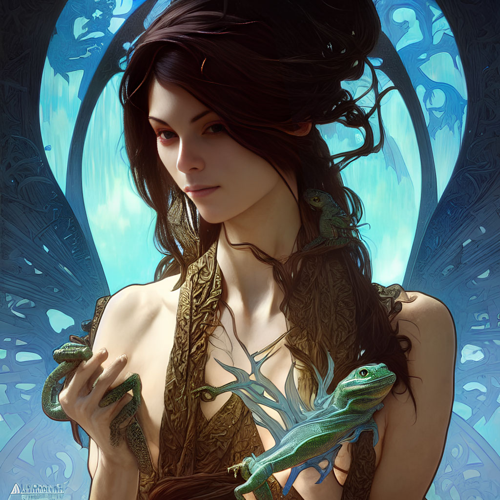 Digital artwork: Woman with dark hair and pale skin, holding green lizards, surrounded by blue patterns