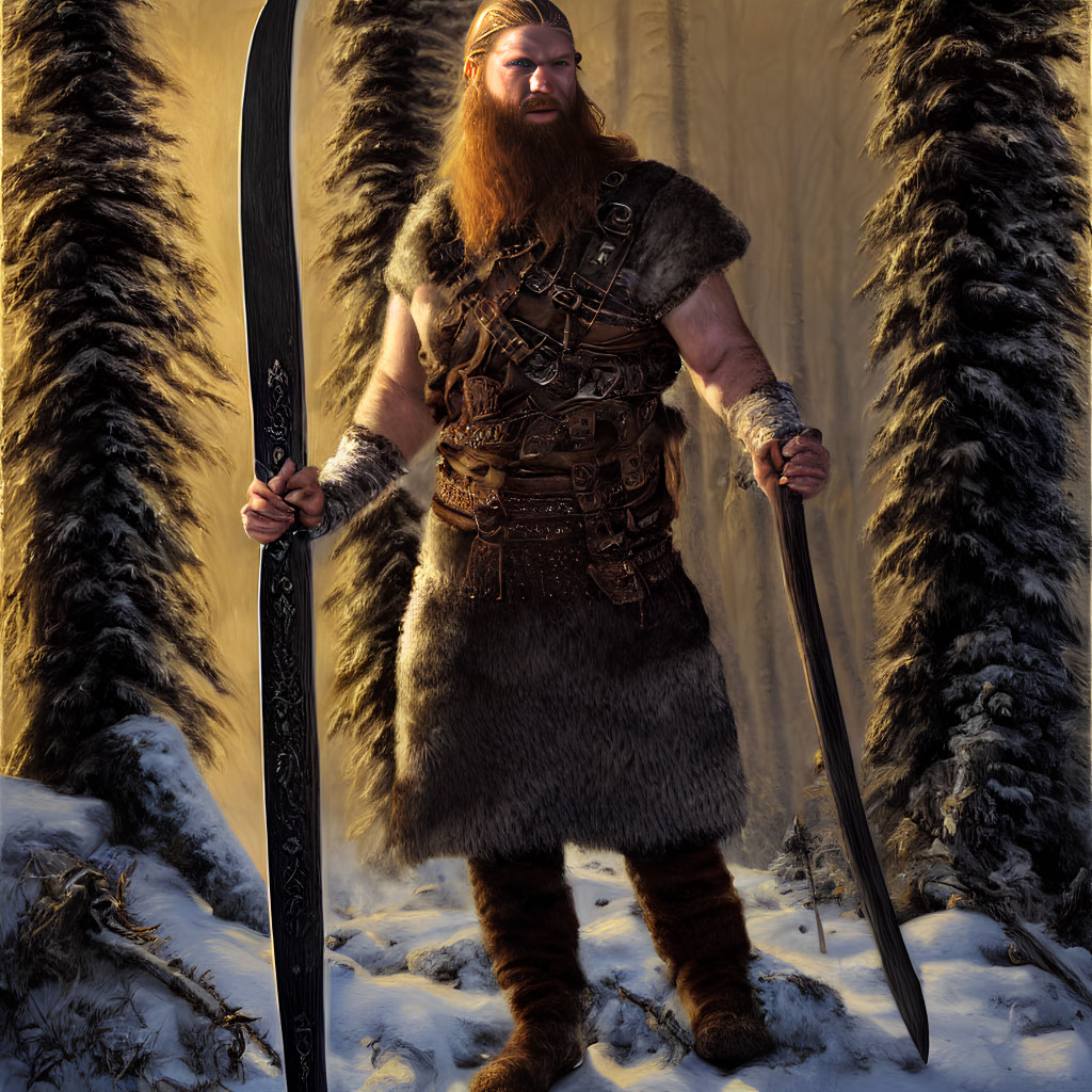 Bearded warrior in fur clothing with two swords in snowy forest