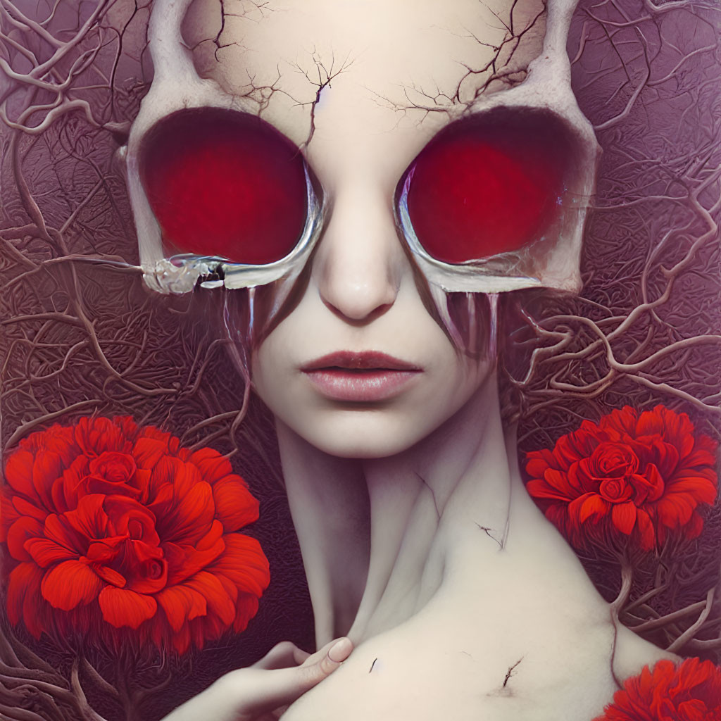 Surreal portrait featuring cracked skin, red-eyed glasses, and intertwined red flowers.