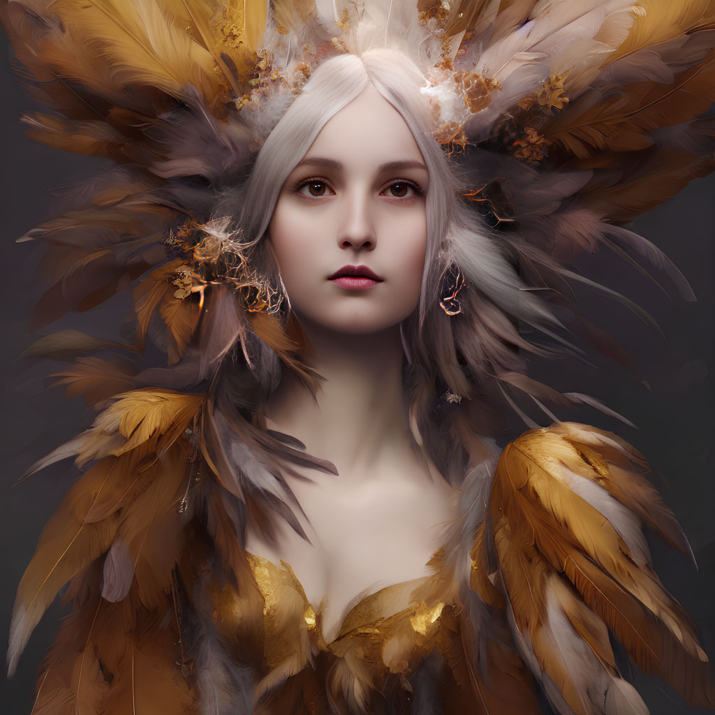 Portrait of a woman with pale skin and white hair wearing a golden feathered headdress.