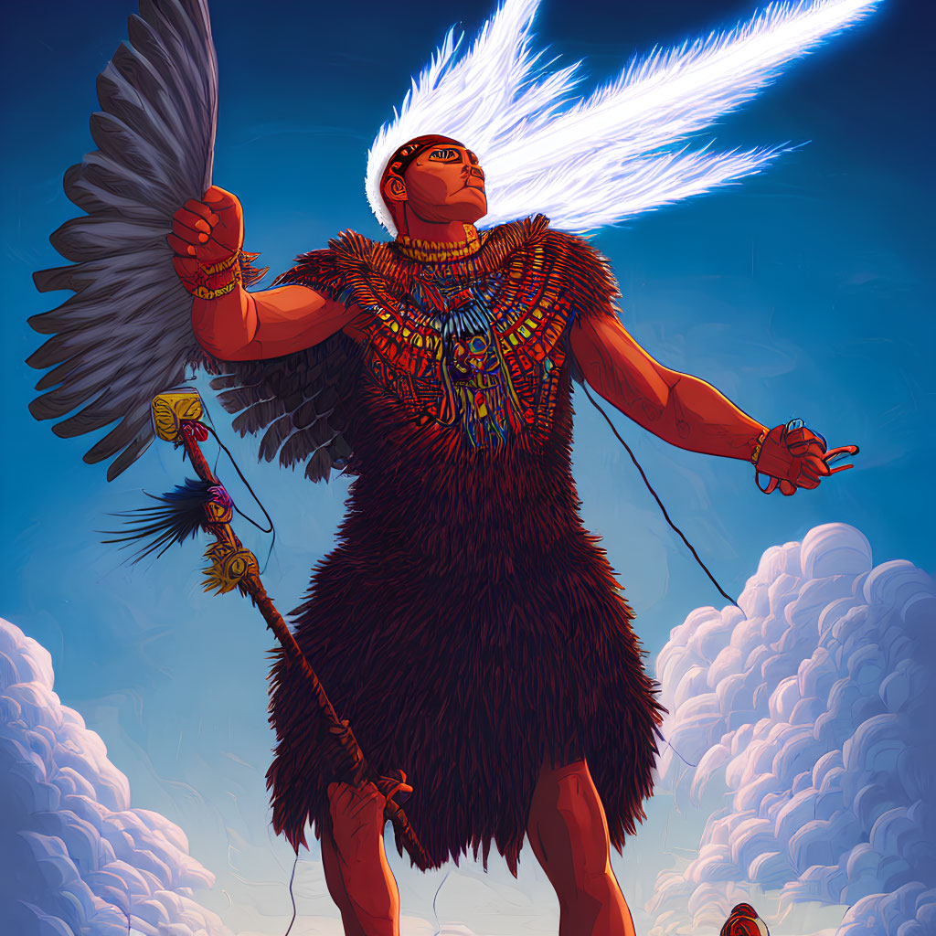 Stylized indigenous warrior with eagle wings, staff, and clouds.