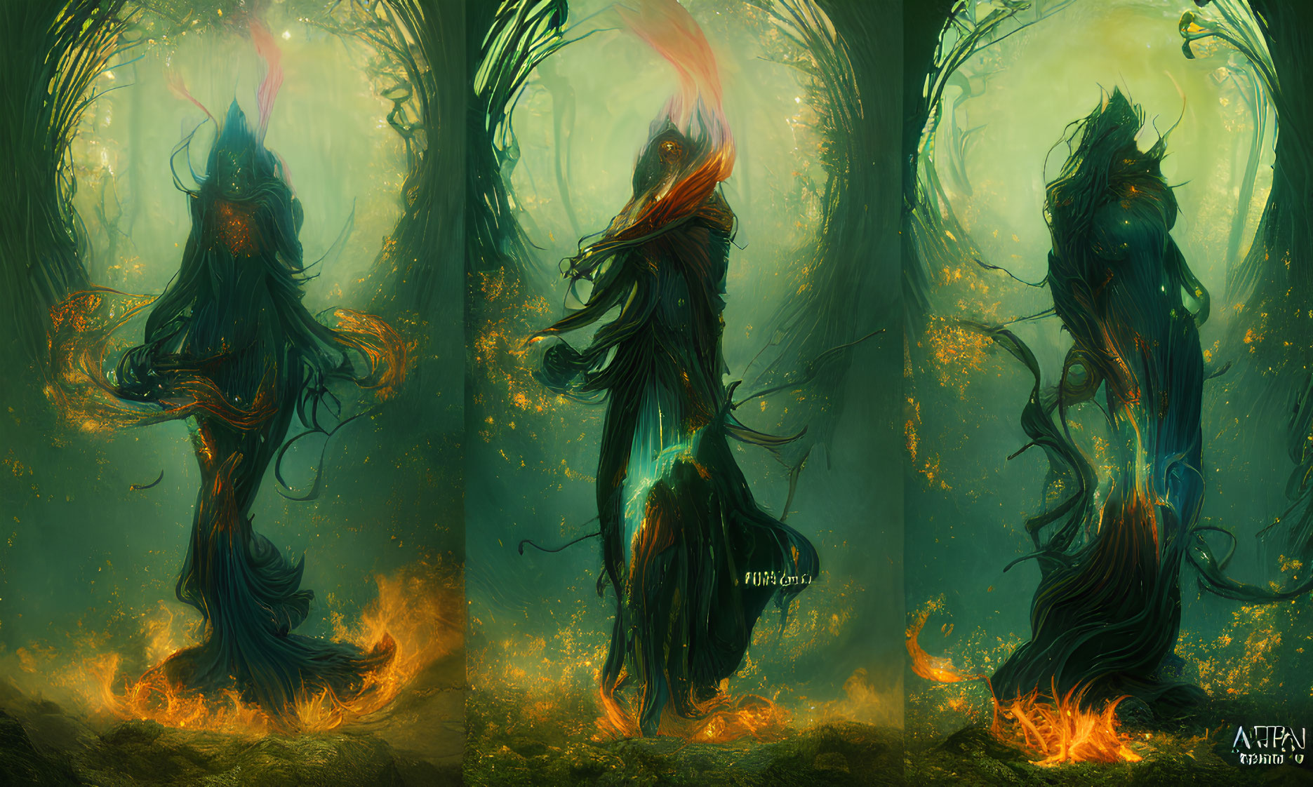 Mystical forest spirit triptych with flaming feet in verdant woods