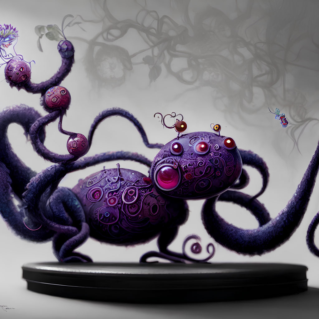 Whimsical purple tentacled creatures with intricate patterns and eyes on shadowy background