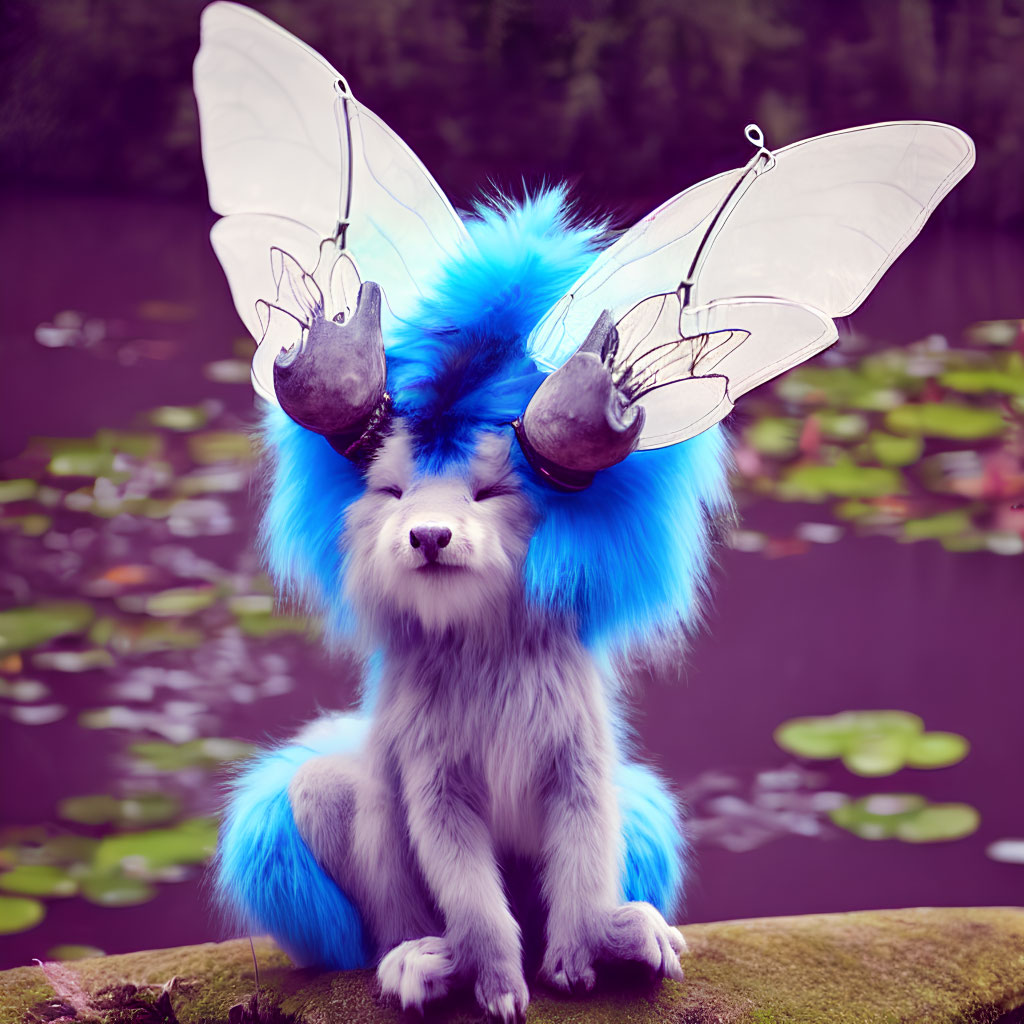 Blue and White Furry Creature with Wings and Antlers by Pond with Water Lilies